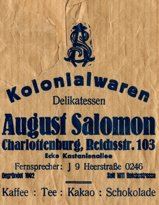Verpackungsmaterial Kolonialwaren August Salomon, Reichsstraße 103