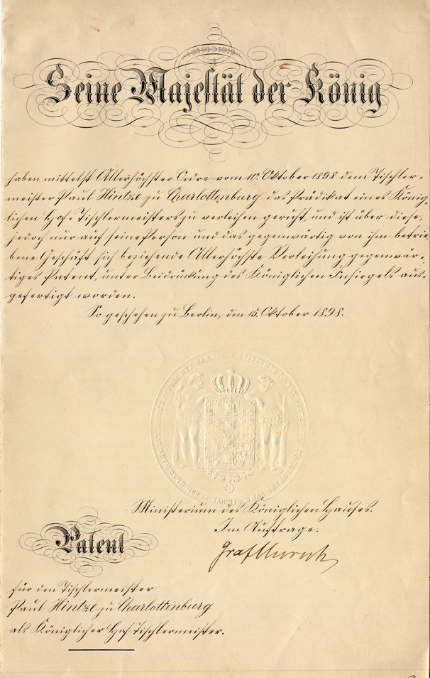Patent für den Tischlermeister Paul Hintze, verliehen am 15. Oktober 1898